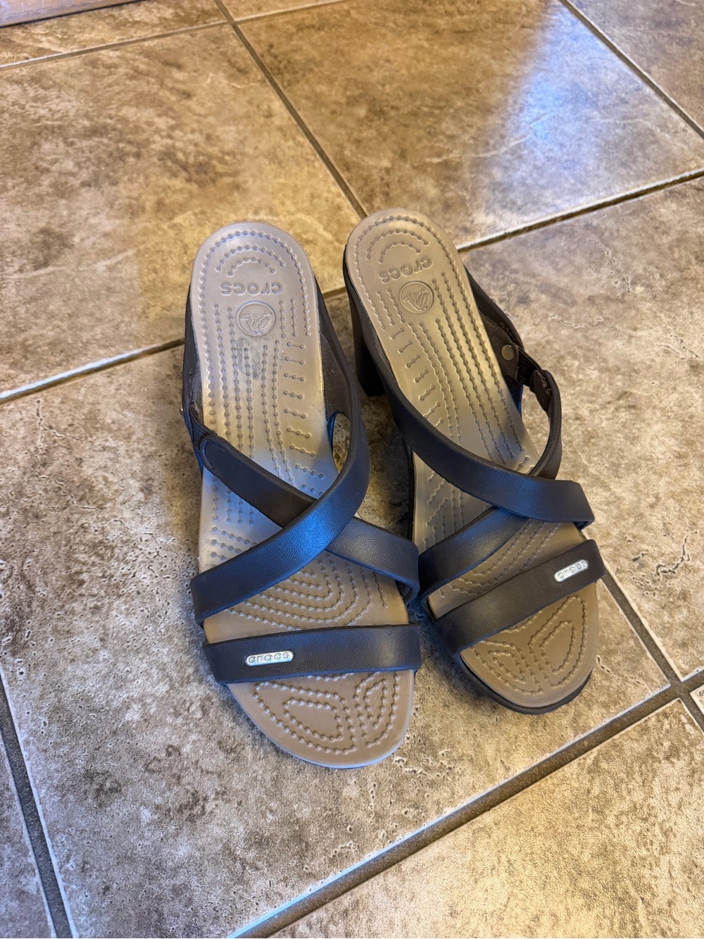 CROCS Women's Black and Tan Strappy Sandals